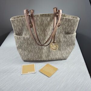 Michael Kors MK Logo Tote Beige Monogram Shoulder Bag Purse